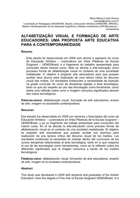 alfabetizaÃ§Ã£o visual e formaÃ§Ã£o de arte educadores: uma proposta ...