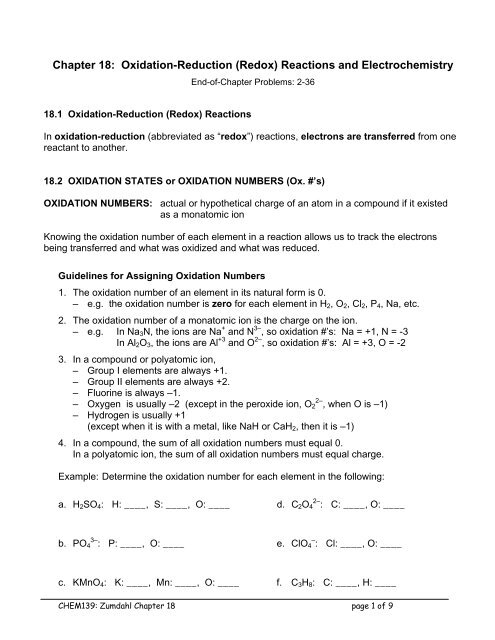 Chapter 18: Oxidation-Reduction (Redox) Reactions and ...