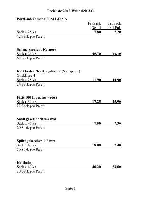 Preisliste 2012 WÃƒÂ¼thrich AG Seite 1 Portland-Zement CEM I 42.5 N ...