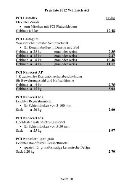 Preisliste 2012 WÃƒÂ¼thrich AG Seite 1 Portland-Zement CEM I 42.5 N ...