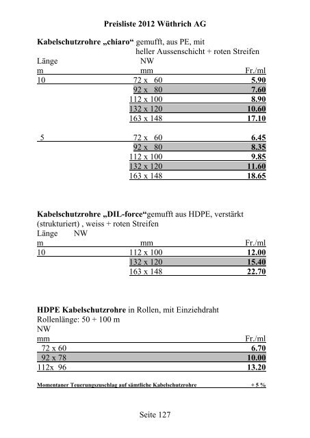 Preisliste 2012 WÃƒÂ¼thrich AG Seite 1 Portland-Zement CEM I 42.5 N ...