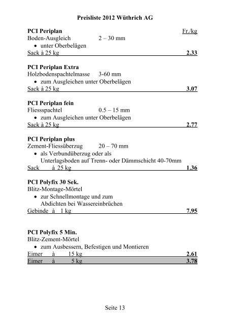 Preisliste 2012 WÃƒÂ¼thrich AG Seite 1 Portland-Zement CEM I 42.5 N ...