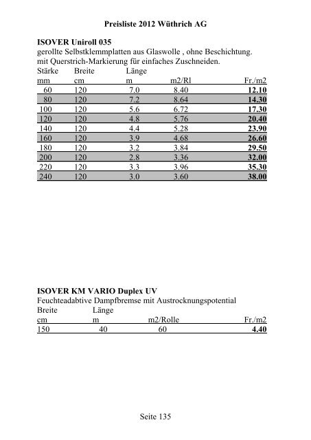 Preisliste 2012 WÃƒÂ¼thrich AG Seite 1 Portland-Zement CEM I 42.5 N ...