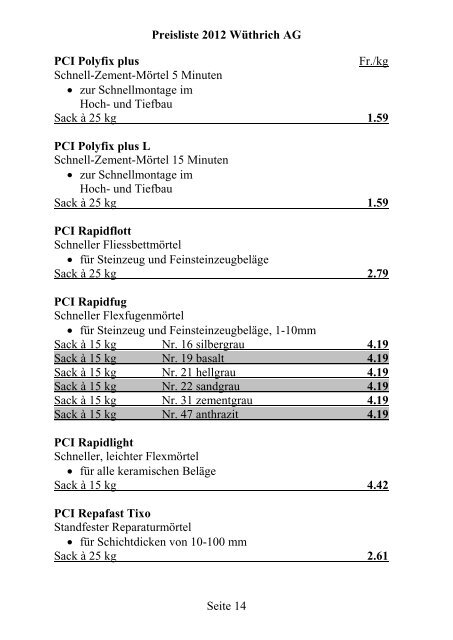 Preisliste 2012 WÃƒÂ¼thrich AG Seite 1 Portland-Zement CEM I 42.5 N ...