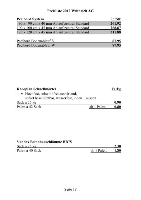 Preisliste 2012 WÃƒÂ¼thrich AG Seite 1 Portland-Zement CEM I 42.5 N ...