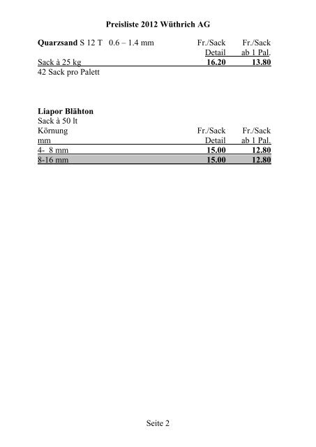 Preisliste 2012 WÃƒÂ¼thrich AG Seite 1 Portland-Zement CEM I 42.5 N ...