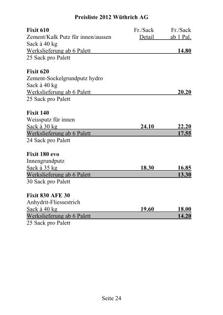 Preisliste 2012 WÃƒÂ¼thrich AG Seite 1 Portland-Zement CEM I 42.5 N ...