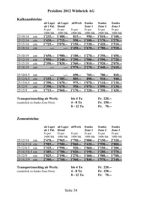 Preisliste 2012 WÃƒÂ¼thrich AG Seite 1 Portland-Zement CEM I 42.5 N ...