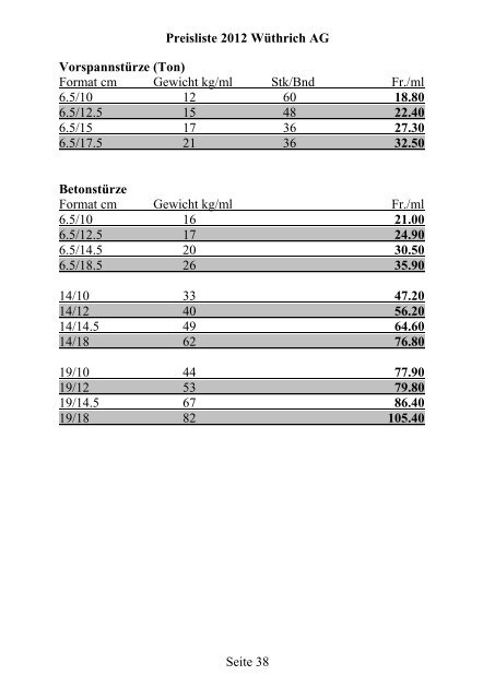 Preisliste 2012 WÃƒÂ¼thrich AG Seite 1 Portland-Zement CEM I 42.5 N ...