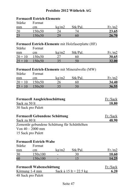 Preisliste 2012 WÃƒÂ¼thrich AG Seite 1 Portland-Zement CEM I 42.5 N ...