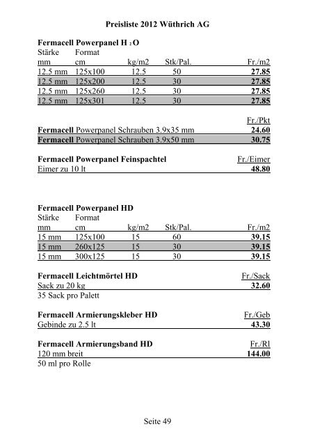 Preisliste 2012 WÃƒÂ¼thrich AG Seite 1 Portland-Zement CEM I 42.5 N ...