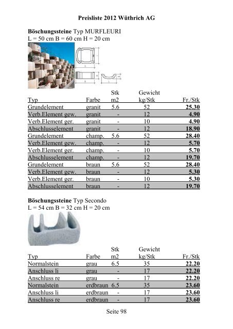 Preisliste 2012 WÃƒÂ¼thrich AG Seite 1 Portland-Zement CEM I 42.5 N ...