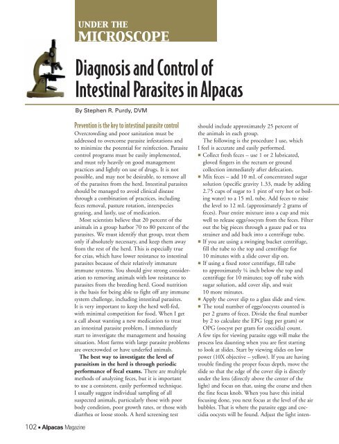 Diagnosis and Control of Intestinal Parasites in Alpacas