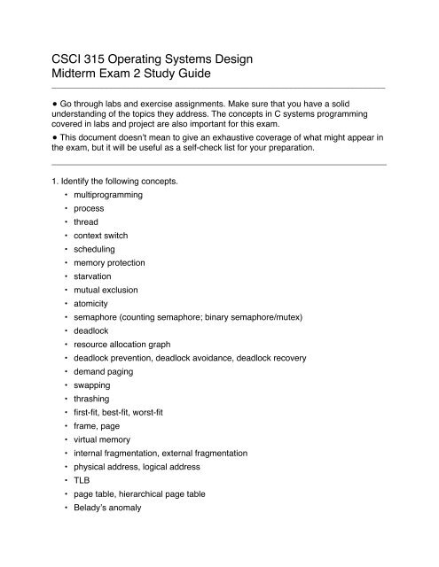 CSCI 315 Operating Systems Design Midterm Exam 2 Study Guide