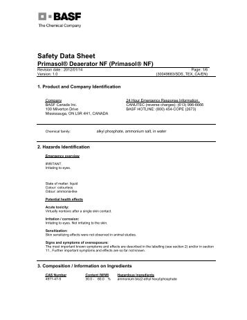 MSDS PRIMASOL DEAERATOR NF - Prismadye