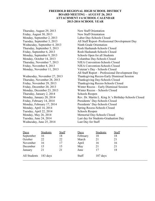 2013-2014 Calendar - Freehold Regional High School District