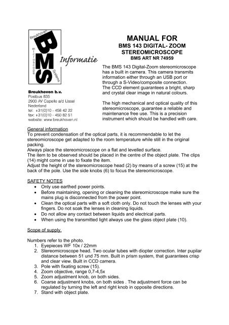 MANUAL FOR - BMS and Labomed - high quality microscopes