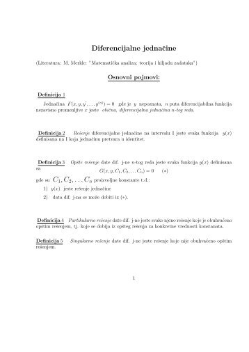 Diferencijalne jednacine - 1. deo - Matematika