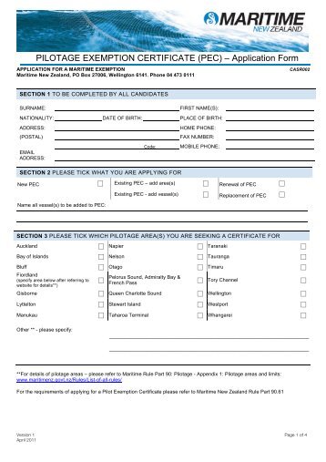 Pilotage exemption certificate application form - Maritime New Zealand