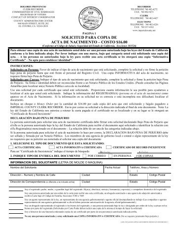 solicitud para copia de acta de nacimiento - County of Imperial