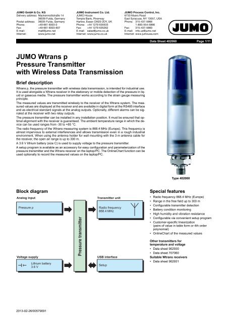 JUMO Wtrans p Pressure Transmitter with Wireless Data Transmission