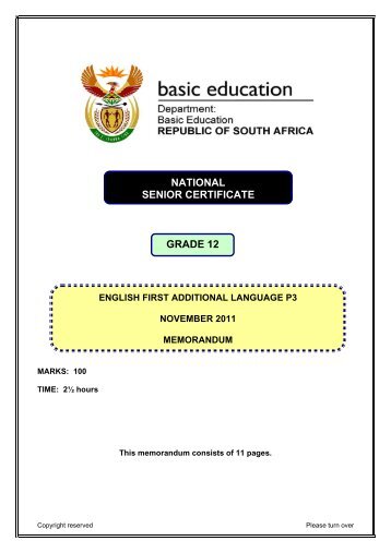 English FAL Grade 12 Paper 3 2011 â Memo - Teacher's Monthly