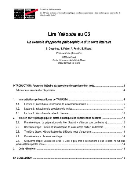 "Yacouba " au cycle 3 - IUFM de l'AcadÃ©mie de CrÃ©teil