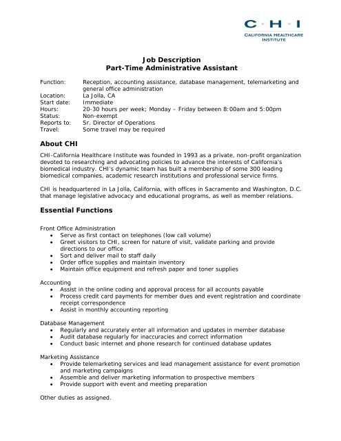Job Description Part-Time Administrative Assistant About CHI ...