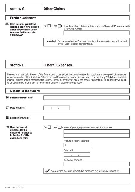 D9182 Claim for compensation of Funeral Expenses and ...