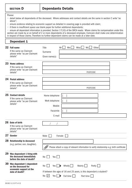 D9182 Claim for compensation of Funeral Expenses and ...