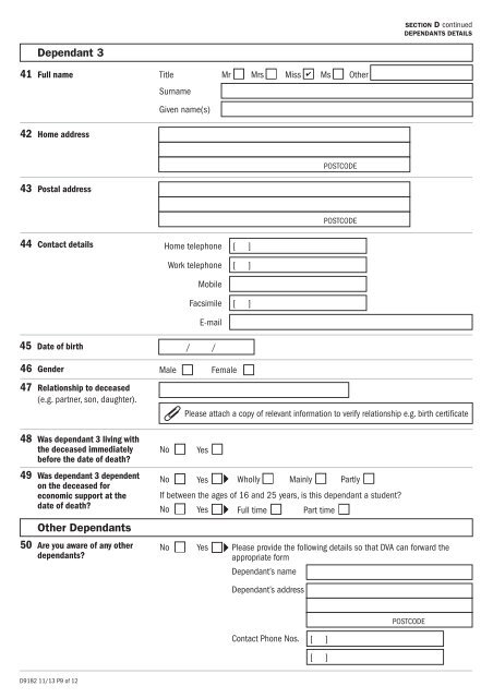 D9182 Claim for compensation of Funeral Expenses and ...