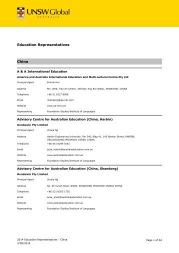 Education Representatives China - UNSW Global Pty Limited