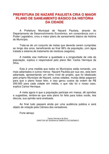 prefeitura de nazaré paulista cria o maior plano de saneamento ...