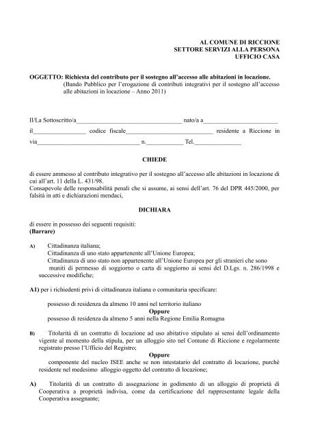 Modulo richiesta contributi affitto 2011 - Comune di Riccione