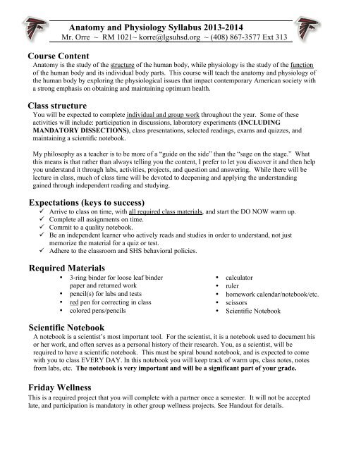 Anatomy and Physiology Syllabus 13-14.pdf - Saratoga High School