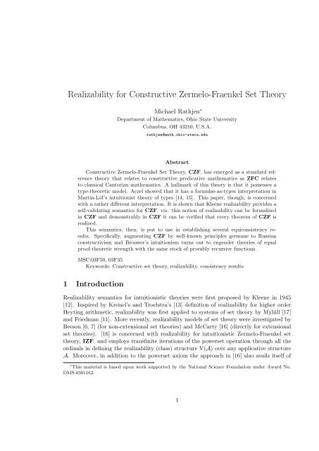 Realizability for Constructive Zermelo-Fraenkel Set Theory