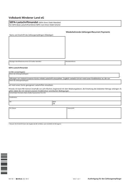 SEPA-Lastschrift-Mandat (PDF) - Volksbank Mindener Land eG