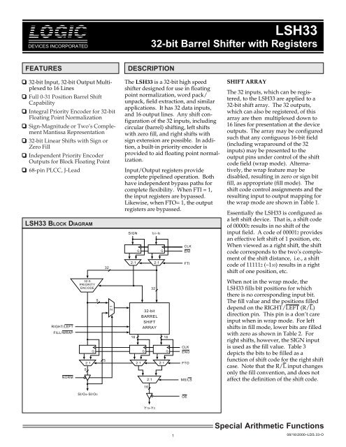 LSH33 32-bit Barrel Shifter with Registers - Datasheet