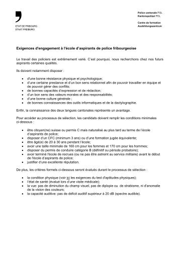 Exigences d'engagement Ã  l'Ã©cole d'aspirants de police fribourgeoise