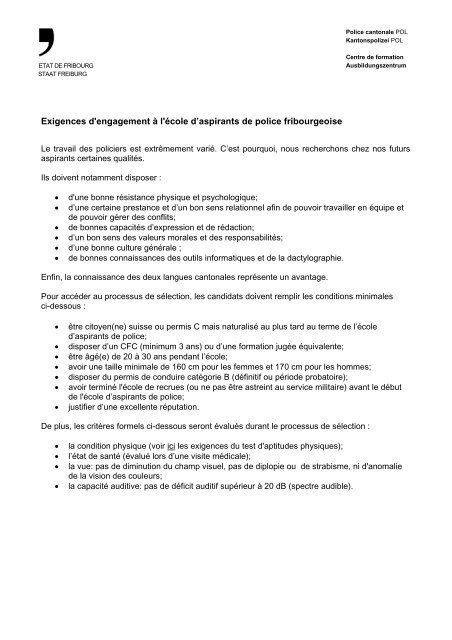 Exigences d'engagement Ã  l'Ã©cole d'aspirants de police fribourgeoise