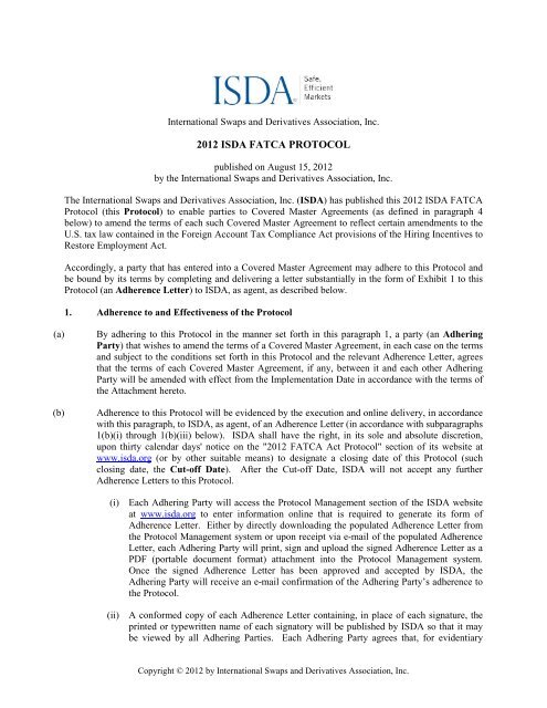 ISDA 2012 FATCA Protocol Text