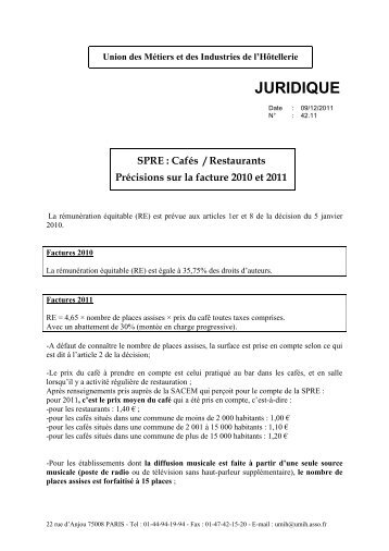 SPRE : CafÃ©s / Restaurants - PrÃ©cisions sur la facture 2010 et 2011