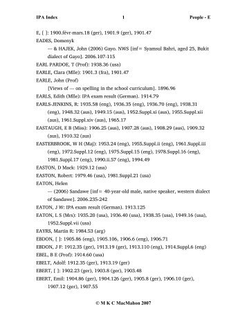 IPA Index 1 People - E Â© M K C MacMahon 2007 E, [ ]: 1900.fÃ©vr ...