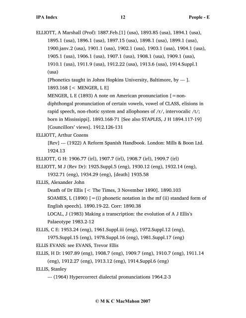 IPA Index 1 People - E Â© M K C MacMahon 2007 E, [ ]: 1900.fÃ©vr ...