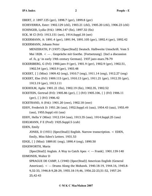 IPA Index 1 People - E Â© M K C MacMahon 2007 E, [ ]: 1900.fÃ©vr ...