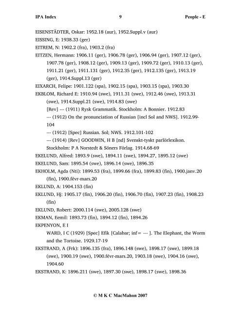 IPA Index 1 People - E Â© M K C MacMahon 2007 E, [ ]: 1900.fÃ©vr ...