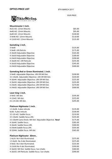 OPTICS PRICE LIST - Melbourne Firearms Centre