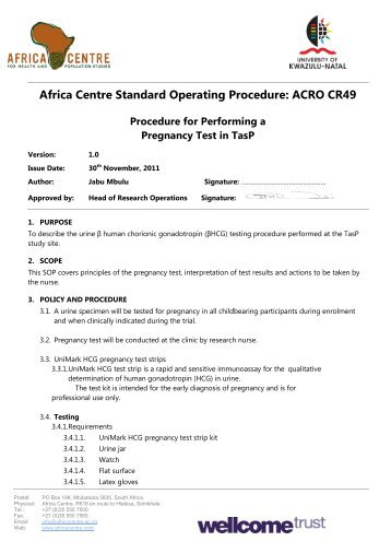 Procedure for Performing a Pregnancy Test in TasP - Africa Centre ...