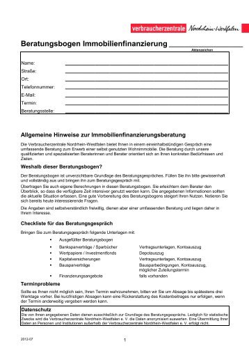 Beratungsbogen Immobilienfinanzierung - WDR