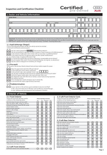 Inspection and Certification Checklist 2 Interior of Vehicle - Audi